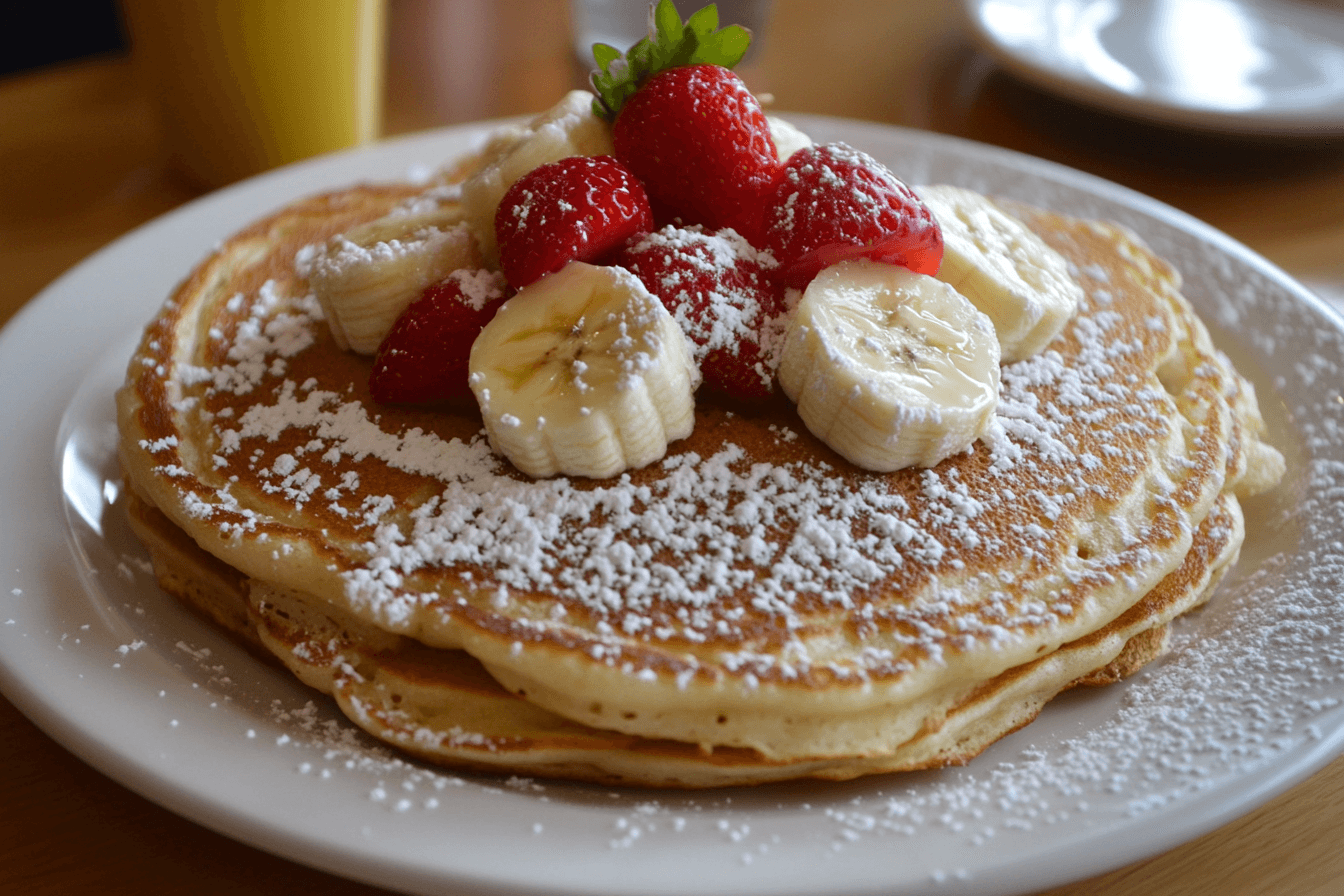 Stack of fluffy banana pancakes topped with banana slices and drizzled with golden syrup on a white plate, perfect for a delicious breakfast